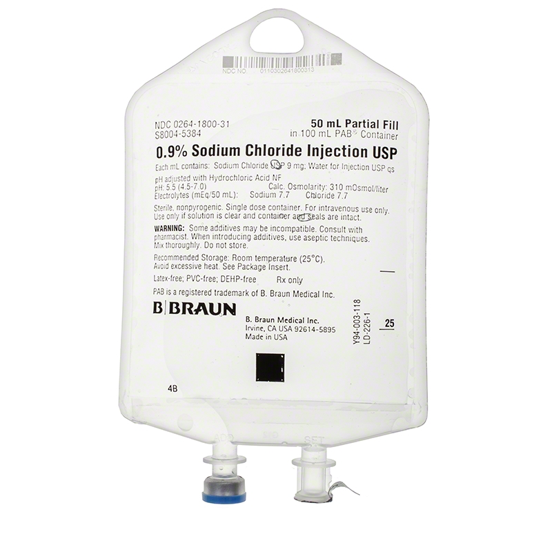 Sodium Chloride, Preservative Free 0.9% IV Solution Flexible Bag 50 mL Fill in 100 mL Replacement Preparation (1/EA 84/CS) by B Braun Medical, Inc.  ID S8004-5384
